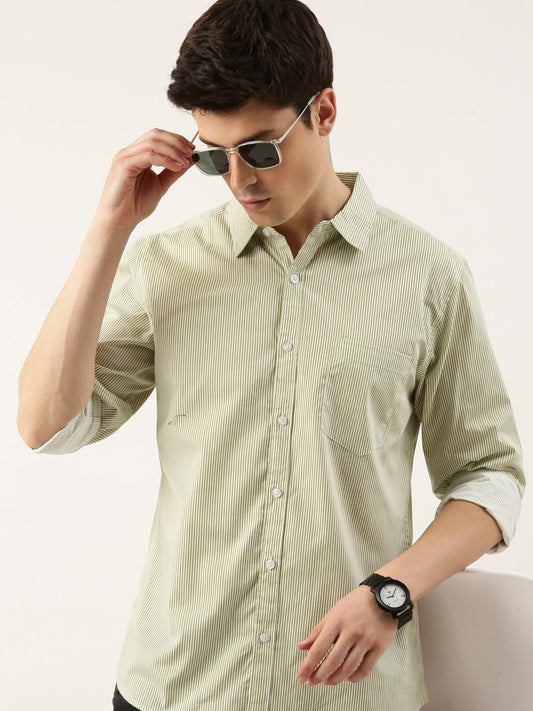 Men Olive Striped Pure Cotton Full Sleeve Casual Shirt