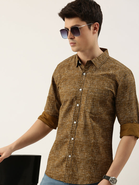 Men Brown Printed Pure Cotton Full Sleeve Casual Shirt