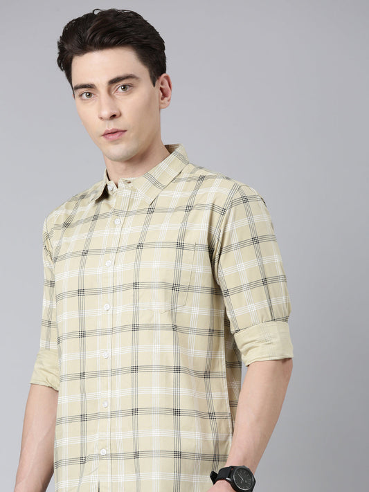 Beige Checked Pure Cotton Full Sleeve Shirt