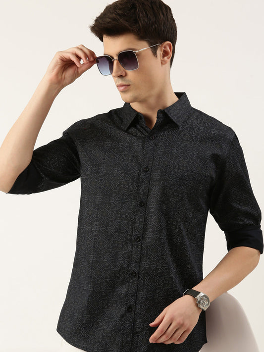 Men Navy Blue Printed Pure Cotton Full Sleeve Casual Shirt