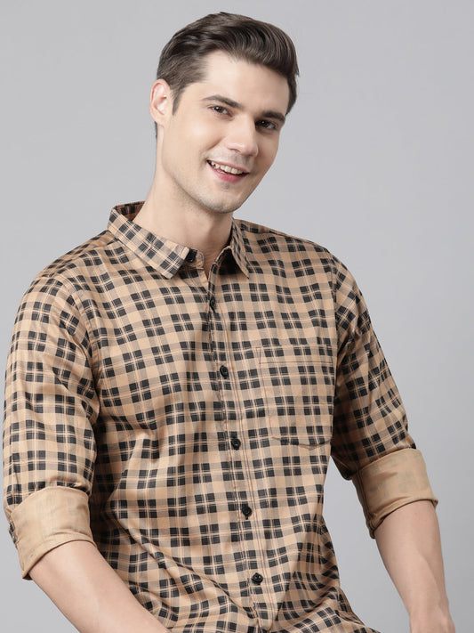 BROON Men Brown And Black Checkered Pure Cotton Full Sleeve Shirt