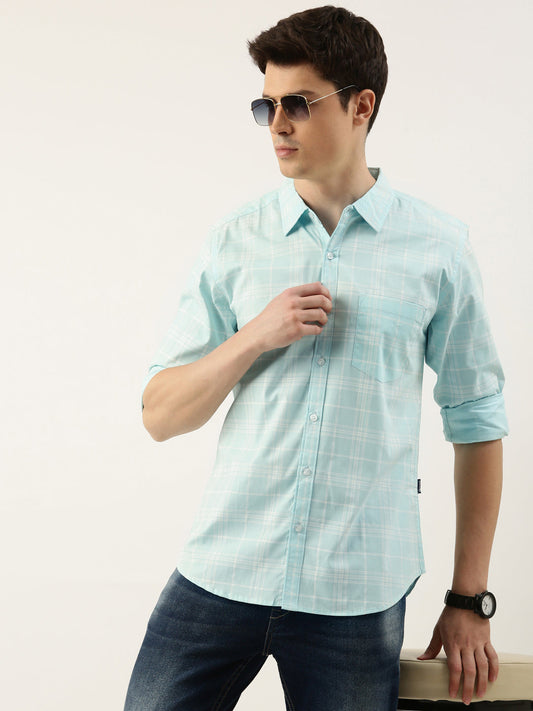 Men Sky Blue Checked Pure Cotton Full Sleeve Casual Shirt
