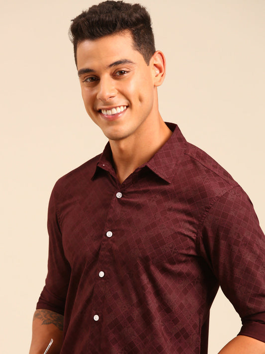 JOVEN Men Maroon Printed Casual Full Sleeve Lycra Shirt ( No Returns )