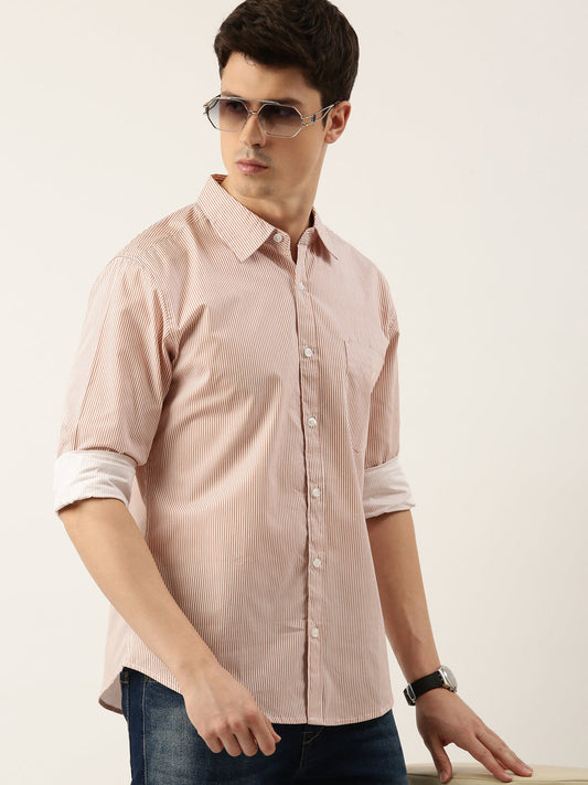 Men Rust Striped Pure Cotton Full Sleeve Casual Shirt