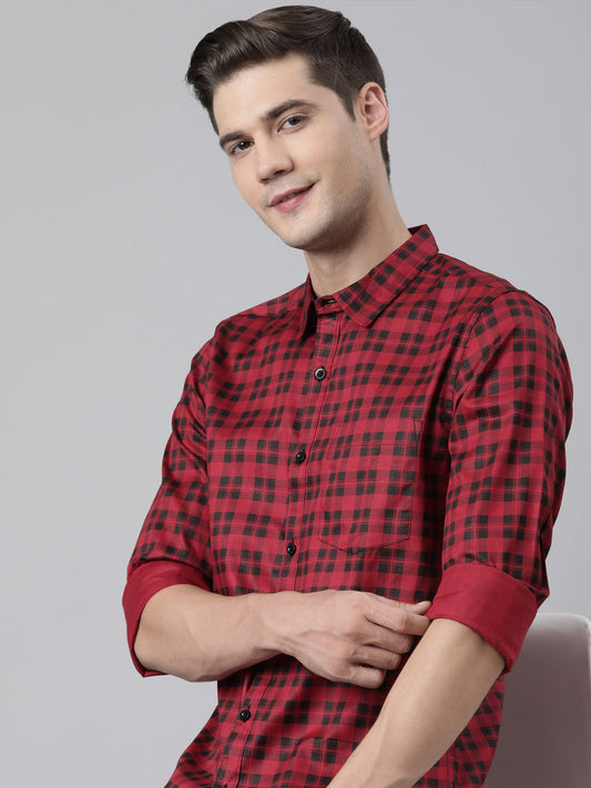 BROON Men Red And Black Checkered Pure Cotton Full Sleeve Shirt