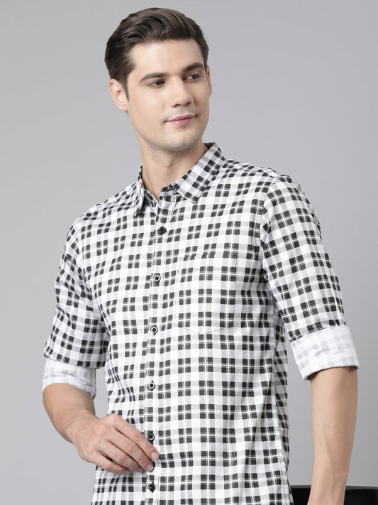 BROON Men White And Black Checkered Pure Cotton Full Sleeve Shirt