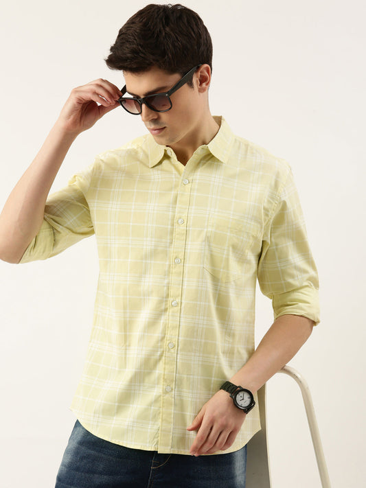 Men Yellow Checked Pure Cotton Full Sleeve Casual Shirt