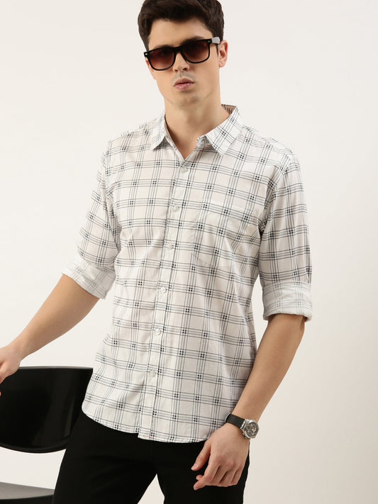 Men White Checked Pure Cotton Full Sleeve Casual Shirt