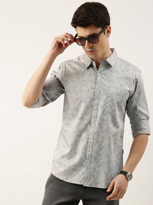 Men Light Grey Printed Pure Cotton Full Sleeve Casual Shirt