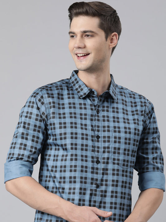 BROON Men Blue And Black Checkered Pure Cotton Full Sleeve Shirt