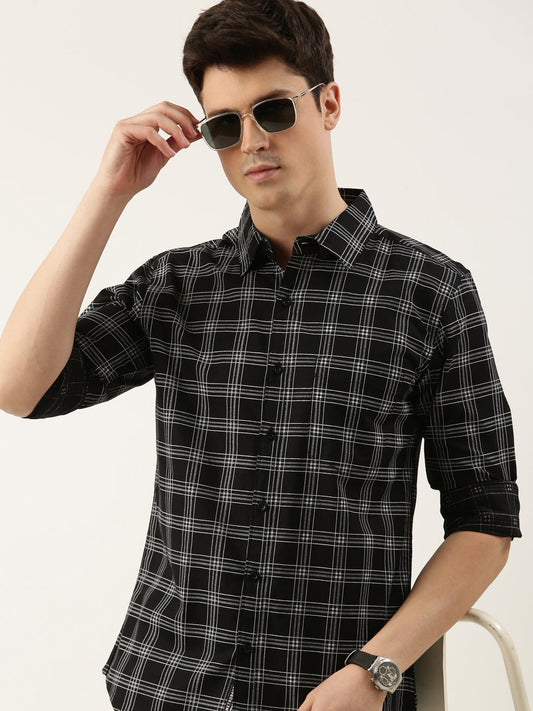Men Black Checked Pure Cotton Full Sleeve Casual Shirt
