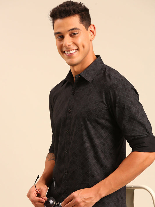 JOVEN Men Black Printed Casual Full Sleeve Lycra Shirt ( No Returns )