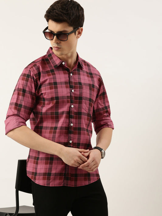 Men Dark Pink Checked Pure Cotton Full Sleeve Casual Shirt