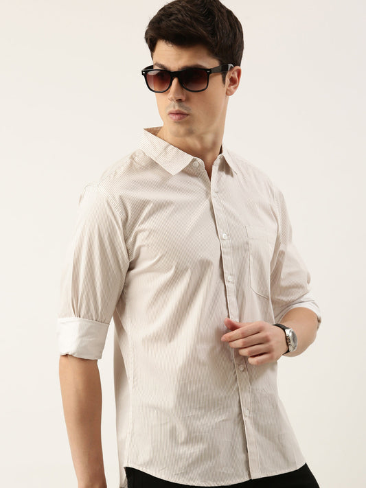 Men Grey Striped Pure Cotton Full Sleeve Casual Shirt