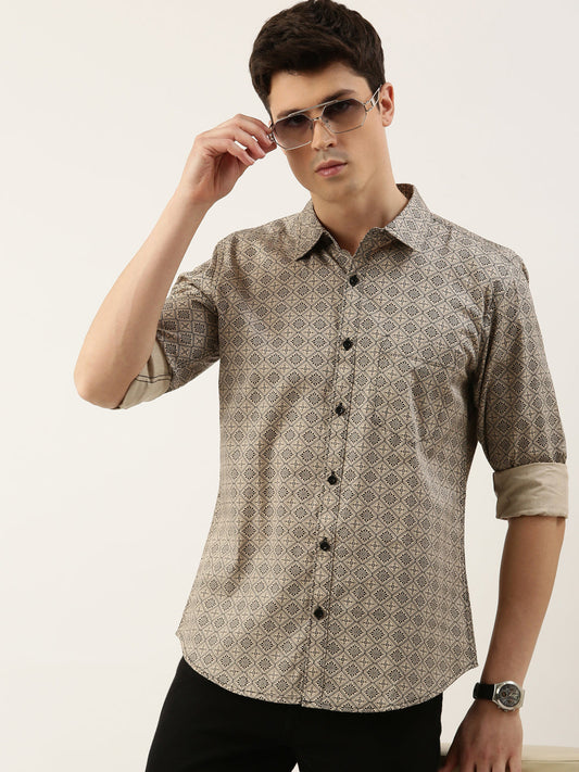 Men Beige Printed Pure Cotton Full Sleeve Casual Shirt