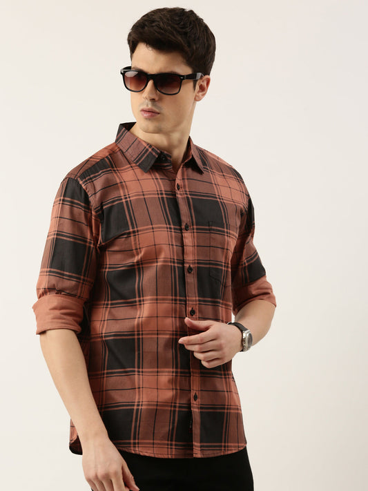 Men Brown and Black Checked Pure Cotton Full Sleeve Casual Shirt