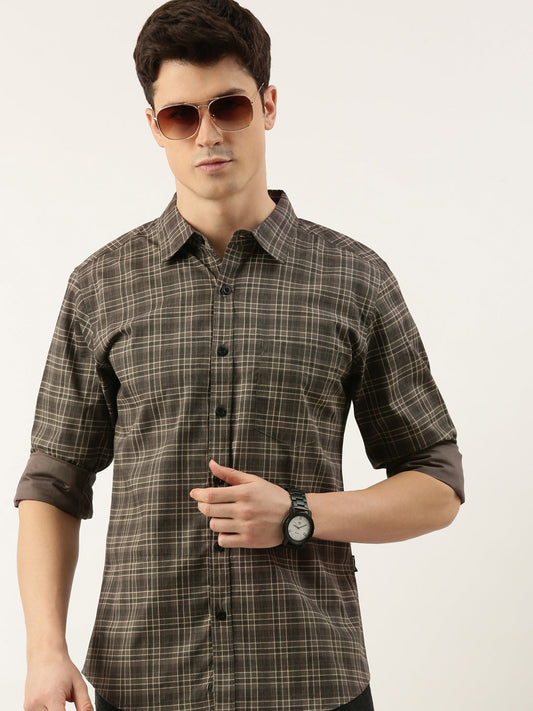 Men Dark Grey Checked Pure Cotton Full Sleeve Casual Shirt