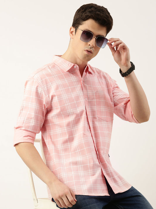 Men Pink Checked Pure Cotton Full Sleeve Casual Shirt