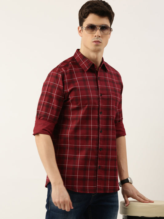 Men Maroon Checked Pure Cotton Full Sleeve Casual Shirt
