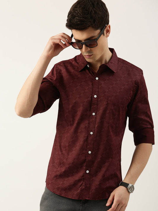 Men Maroon Printed Pure Cotton Full Sleeve Casual Shirt