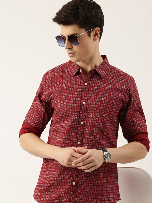 Men Maroon Printed Pure Cotton Full Sleeve Casual Shirt