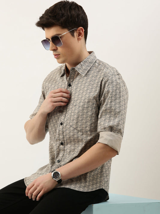 Men Beige Printed Pure Cotton Full Sleeve Casual Shirt