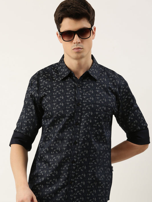 Men Navy Blue Printed Pure Cotton Full Sleeve Casual Shirt