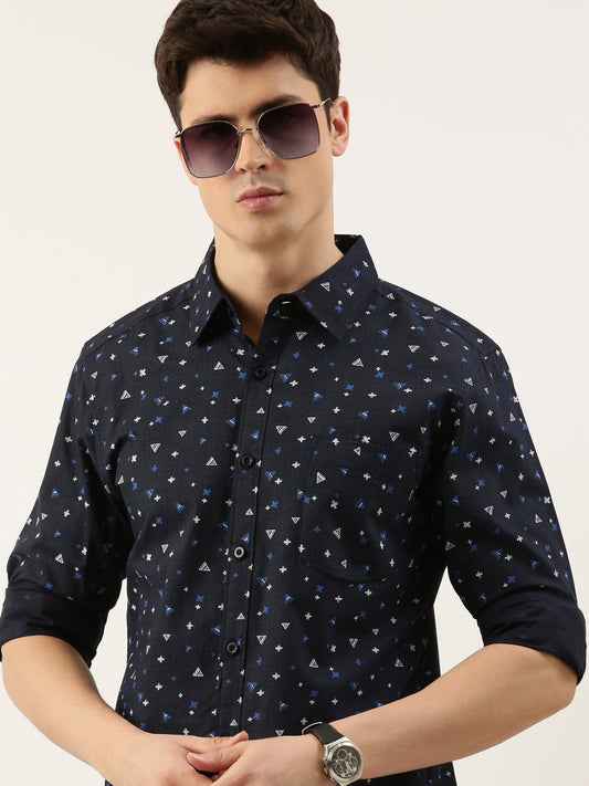 Men Navy Blue and Blue Printed Pure Cotton Full Sleeve Casual Shirt