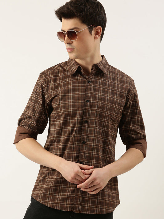 Men Brown Checked Pure Cotton Full Sleeve Casual Shirt