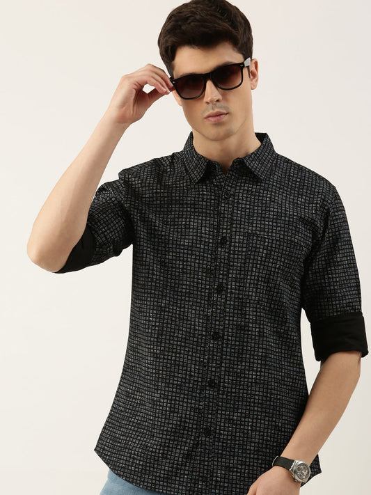 Men Black Printed Pure Cotton Full Sleeve Casual Shirt