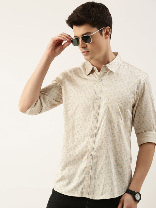 Men Beige Printed Pure Cotton Full Sleeve Casual Shirt