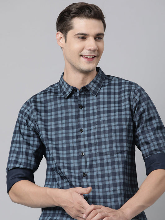 BROON Men Dark Blue Checkered Pure Cotton Full Sleeve Shirt