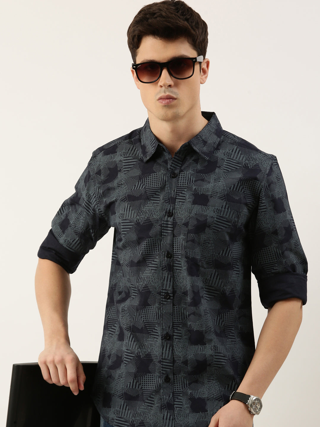 Men Navy Blue Printed Pure Cotton Full Sleeve Casual Shirt
