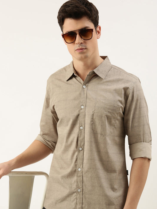 Men Beige Printed Pure Cotton Full Sleeve Casual Shirt