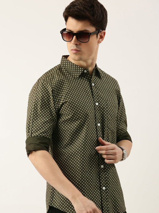 Men Dark Green Printed Pure Cotton Full Sleeve Casual Shirt