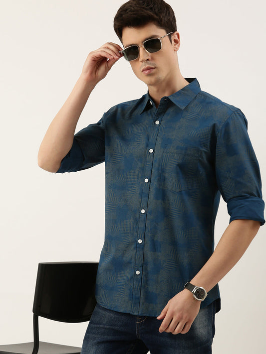 Men Dark Blue Printed Pure Cotton Full Sleeve Casual Shirt