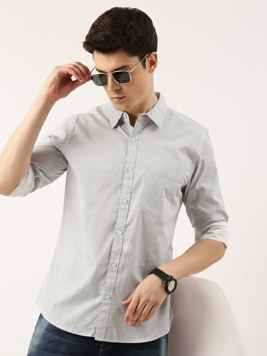 Men White Printed Pure Cotton Full Sleeve Casual Shirt
