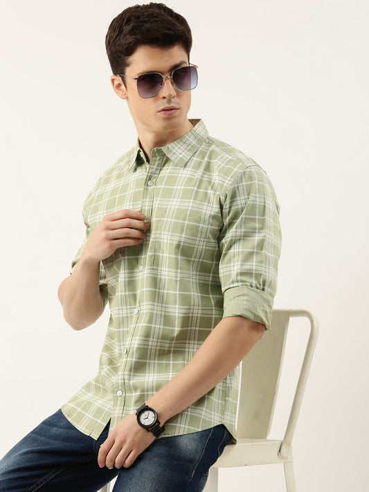 Men Green Checked Pure Cotton Full Sleeve Casual Shirt