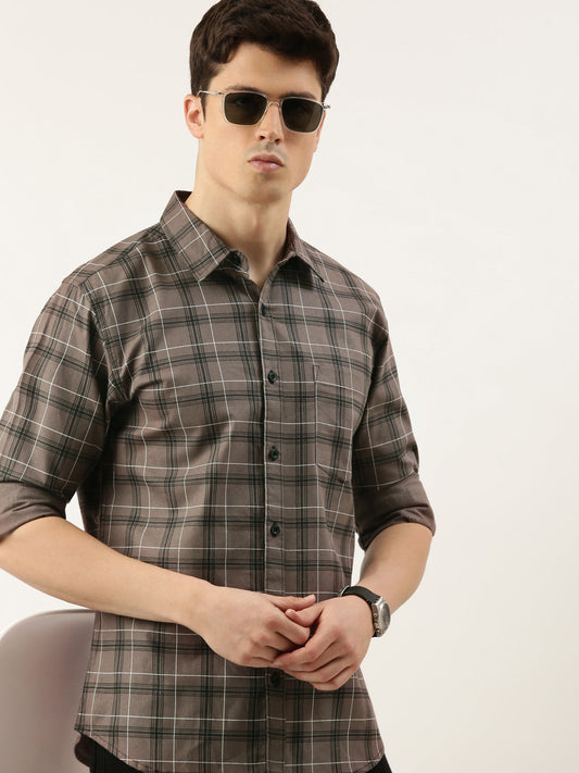 Men Grey Checked Pure Cotton Full Sleeve Casual Shirt
