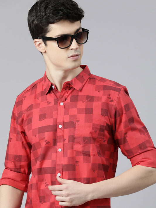 Men Red Printed Pure Cotton Full Sleeve Casual Shirt