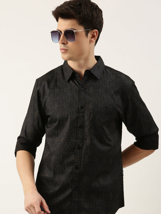 Men Black Printed Pure Cotton Full Sleeve Casual Shirt