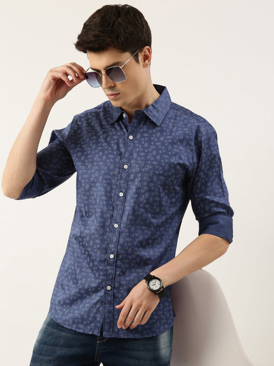 Men Blue Printed Pure Cotton Full Sleeve Casual Shirt