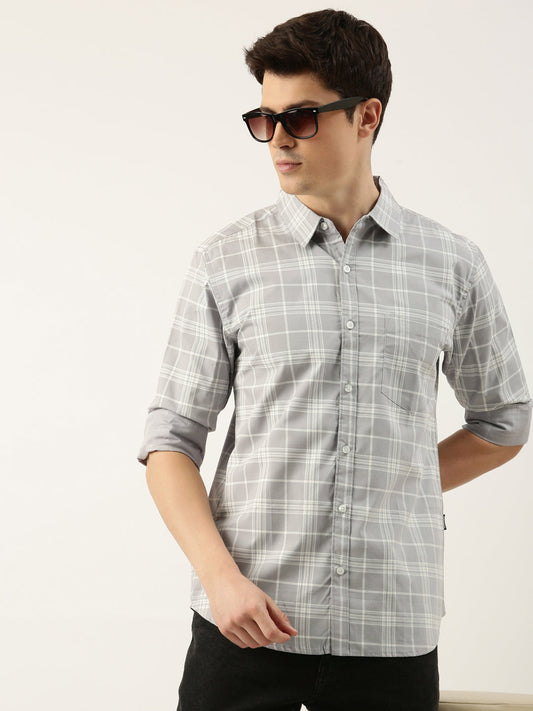 Men Grey Checked Pure Cotton Full Sleeve Casual Shirt