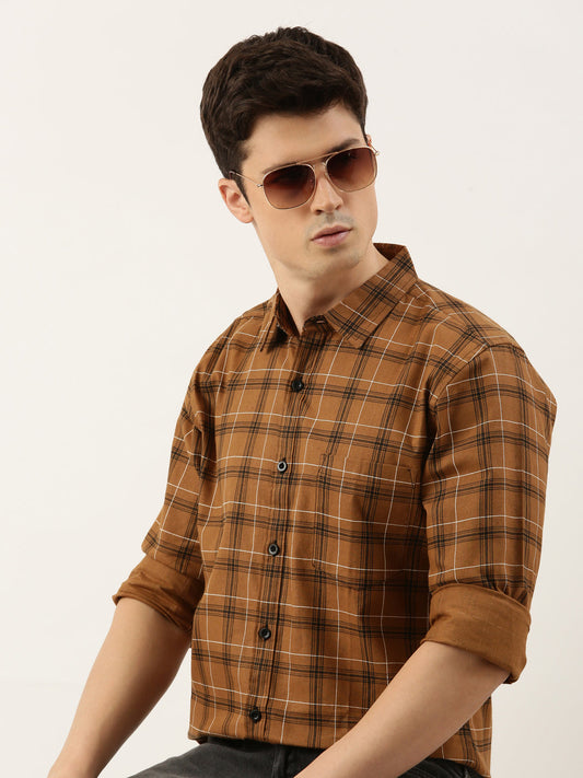 Men Mustard Checked Pure Cotton Full Sleeve Casual Shirt