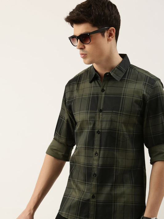 Men Olive and Black Checked Pure Cotton Full Sleeve Casual Shirt