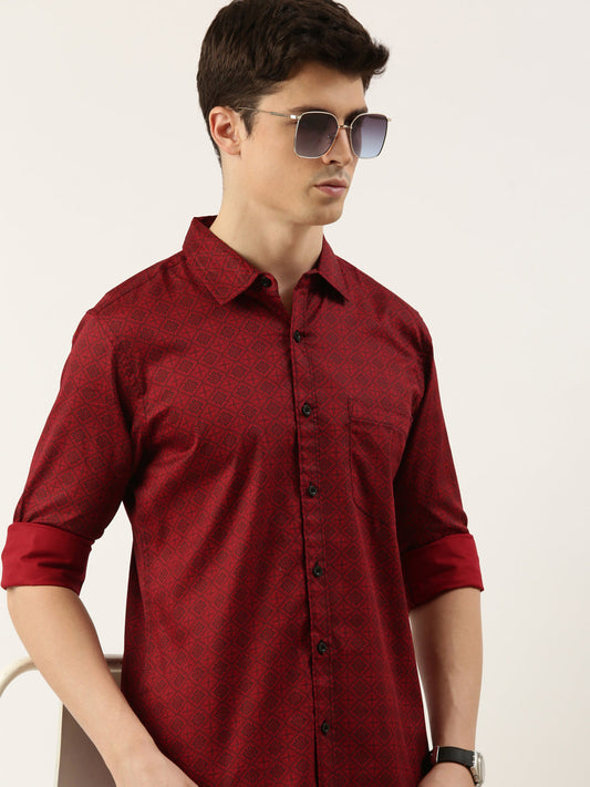 Men Maroon Printed Pure Cotton Full Sleeve Casual Shirt