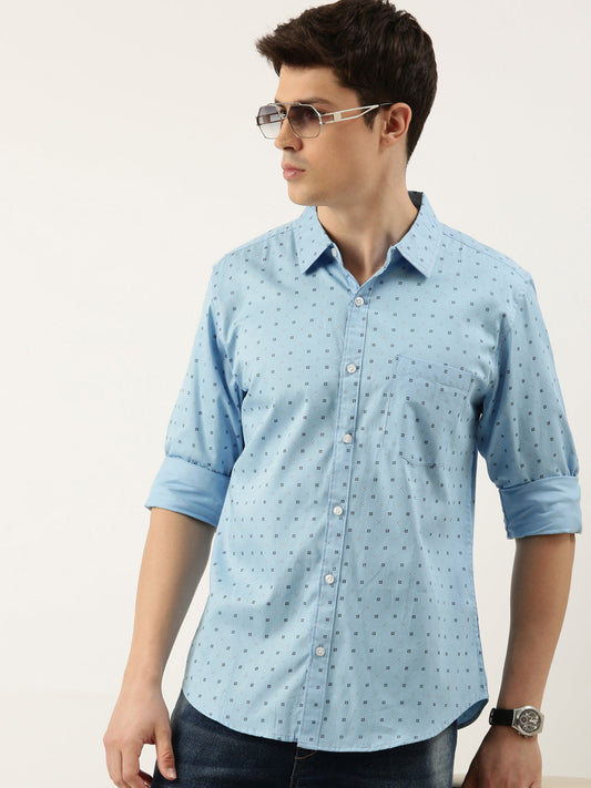 Men Light Blue Printed Pure Cotton Full Sleeve Casual Shirt
