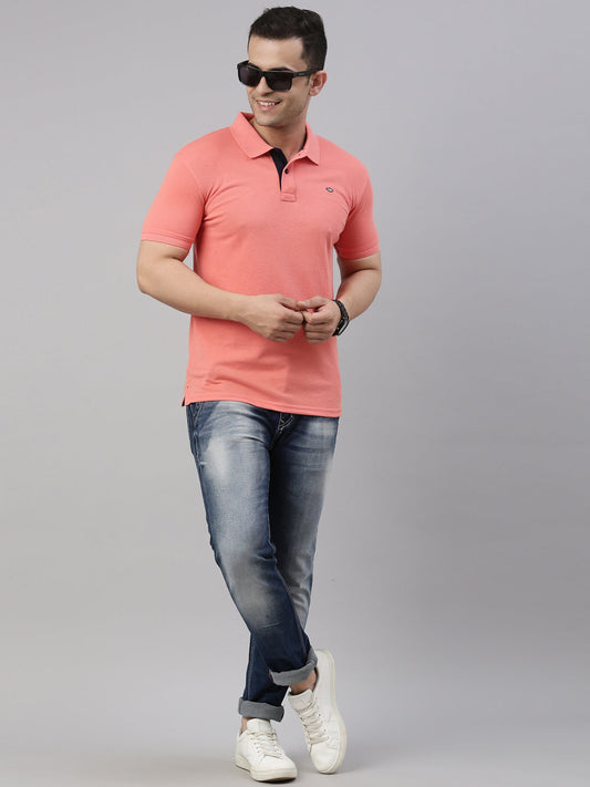 Men Peach Solid Polo Collar T-shirt