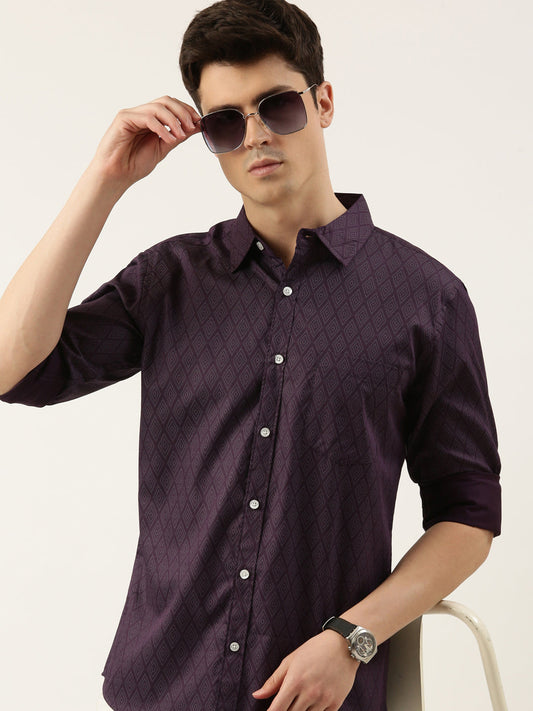 Men Purple Printed Pure Cotton Full Sleeve Casual Shirt