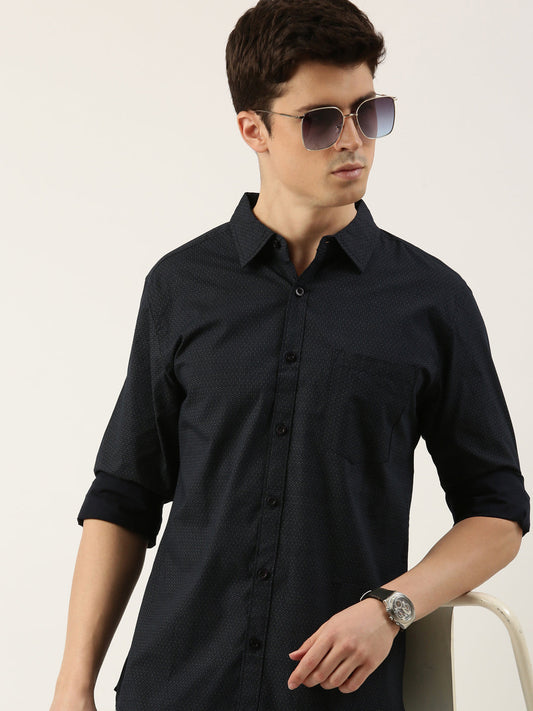 Men Navy Blue Printed Pure Cotton Full Sleeve Casual Shirt